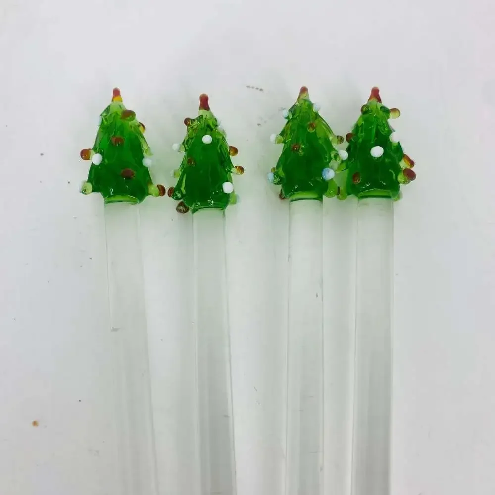 Vintage Pier 1 Imports Glass Christmas Tree Swizzle Sticks Set of 4 Holiday Red